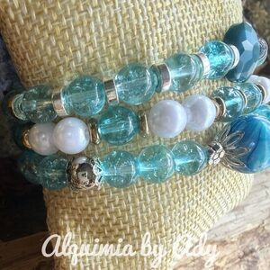 Alquimia Aqua quartz and Pearl Bracelet Set